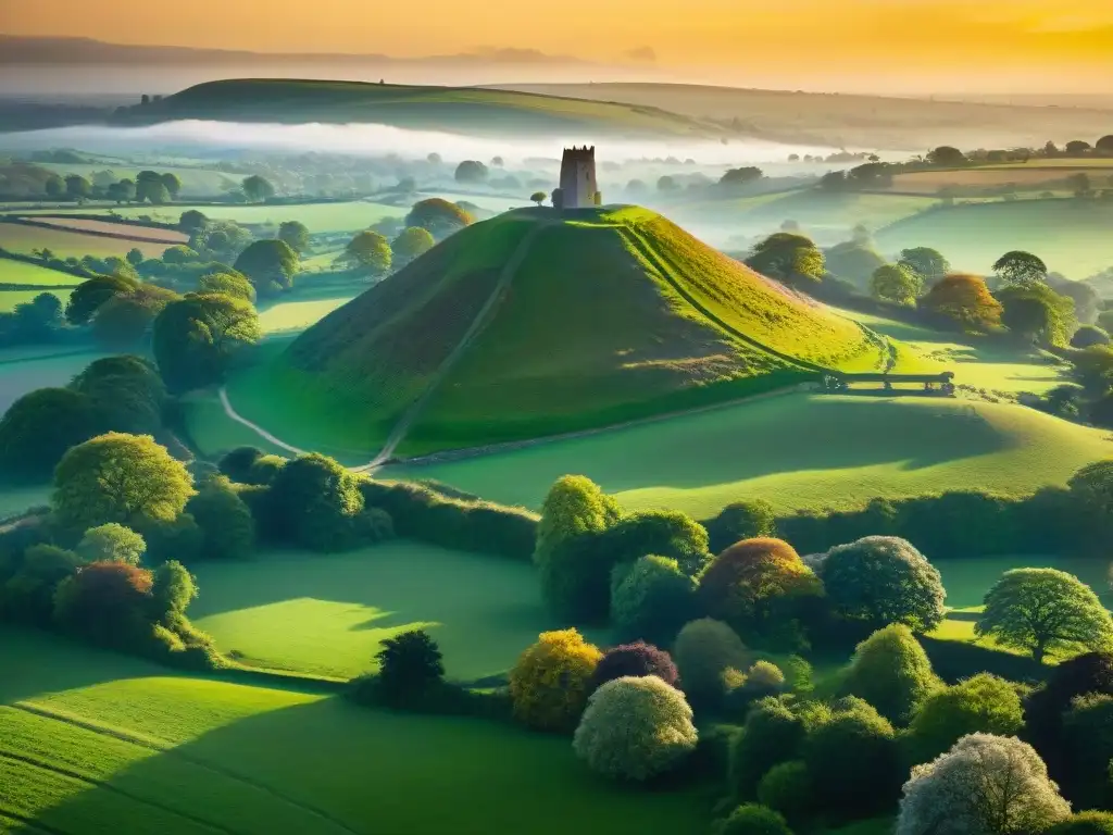 Encuentros mágicos en la isla Avalon: la icónica silueta del Tor de Glastonbury al atardecer, con las ruinas místicas de la Abadía en primer plano