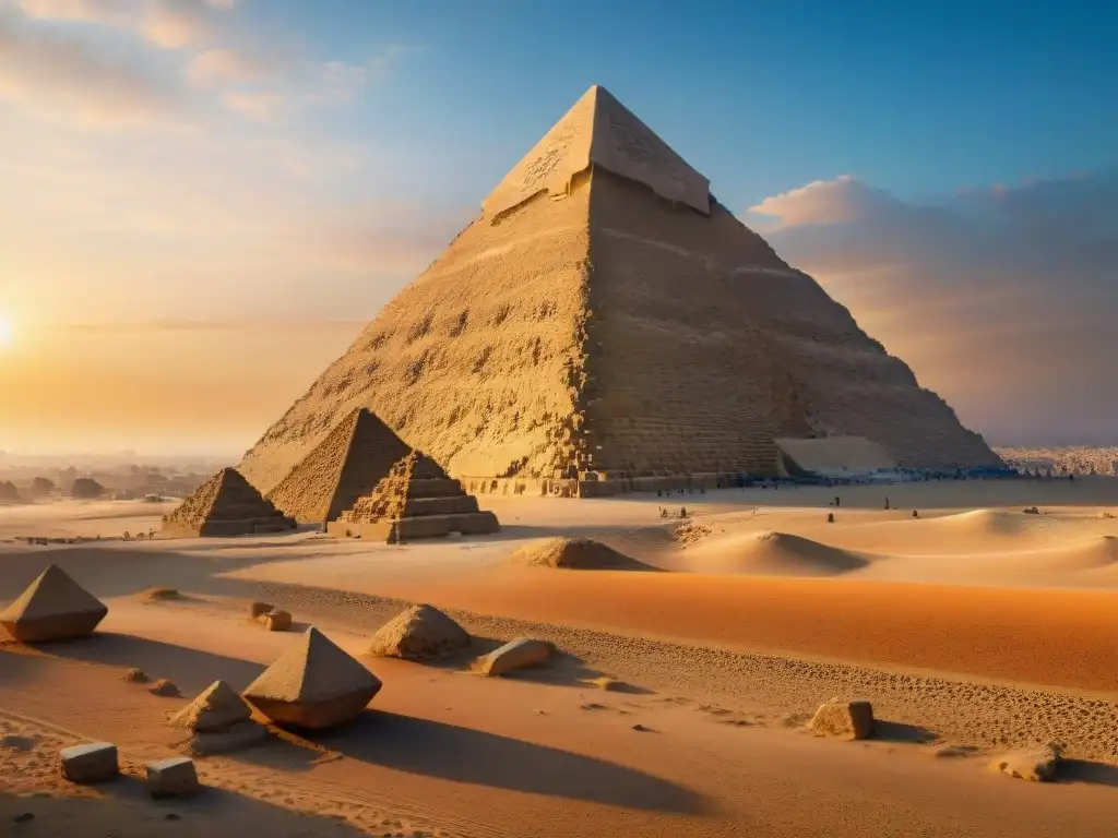 La energía misteriosa de las pirámides antiguas iluminadas por el sol al amanecer en Giza