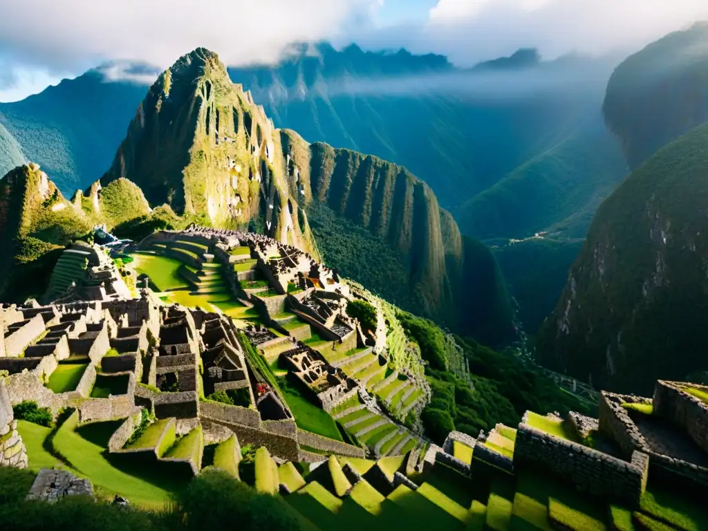 Energía oculta de Machu Picchu Incas: Ruinas ancestrales iluminadas por el sol, destacando su arquitectura y naturaleza