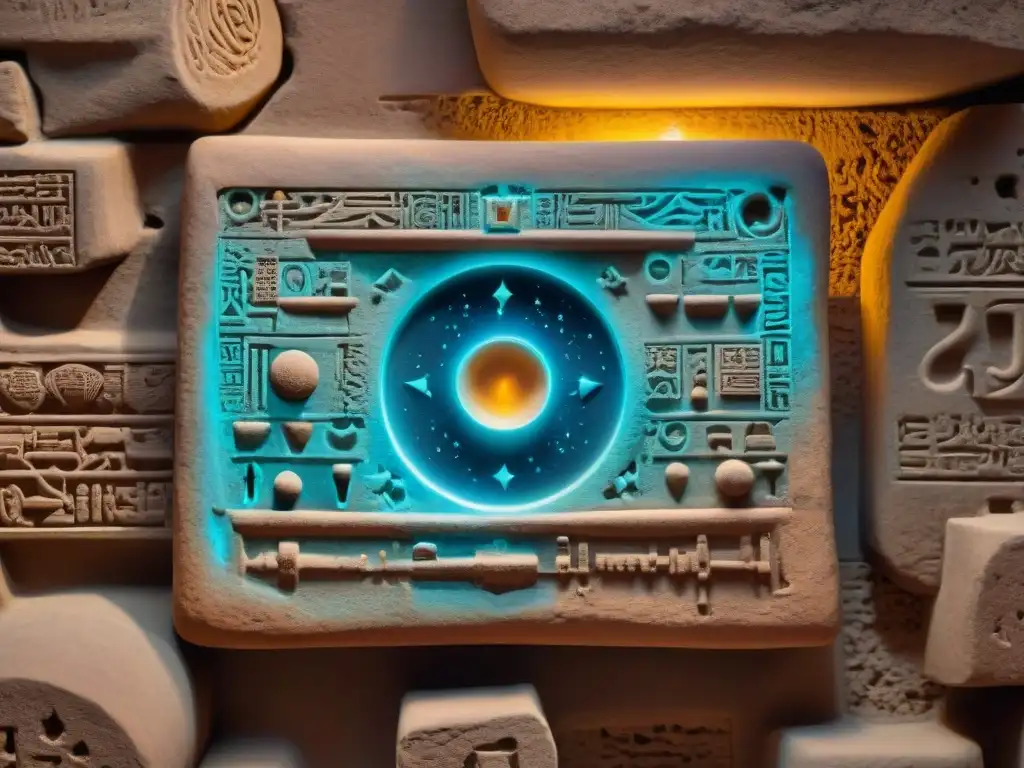 Enigmática tablilla de barro con símbolos cuneiformes, iluminada por lámpara en templo babilónico