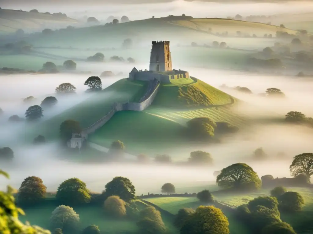 La enigmática Torre de Glastonbury emerge entre la niebla, con ruinas antiguas y secretos de Glastonbury Santo Grial