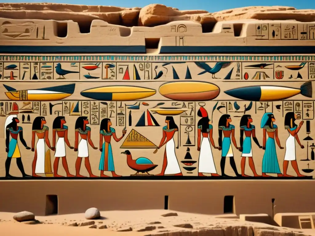 Hieroglíficos egipcios enigmáticos: OVNIs antiguos Un enigmático mural de jeroglíficos egipcios antiguos con OVNIS, rodeado de asombrados espectadores