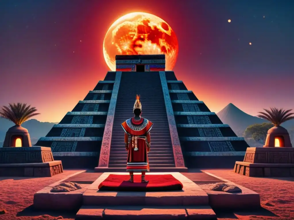 Enigmático ritual azteca bajo eclipse rojo, con símbolos astronómicos sutiles