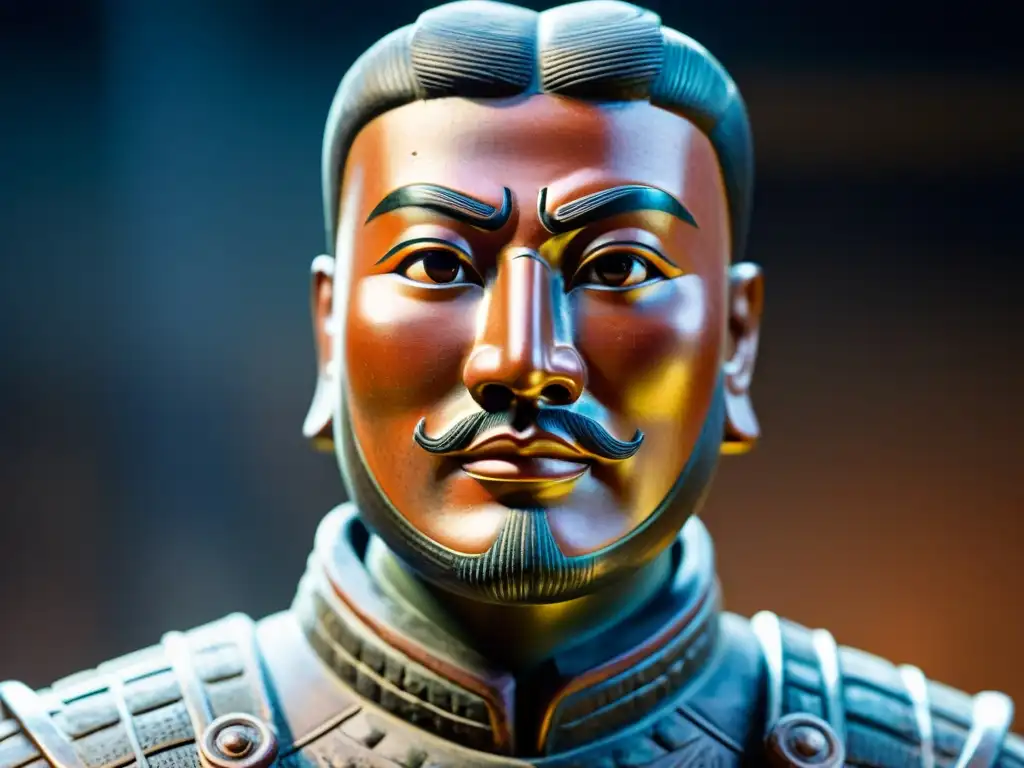 El enigmático rostro de un guerrero de terracota parcialmente excavado, revelando secretos del Ejército de Terracota de Qin Shi