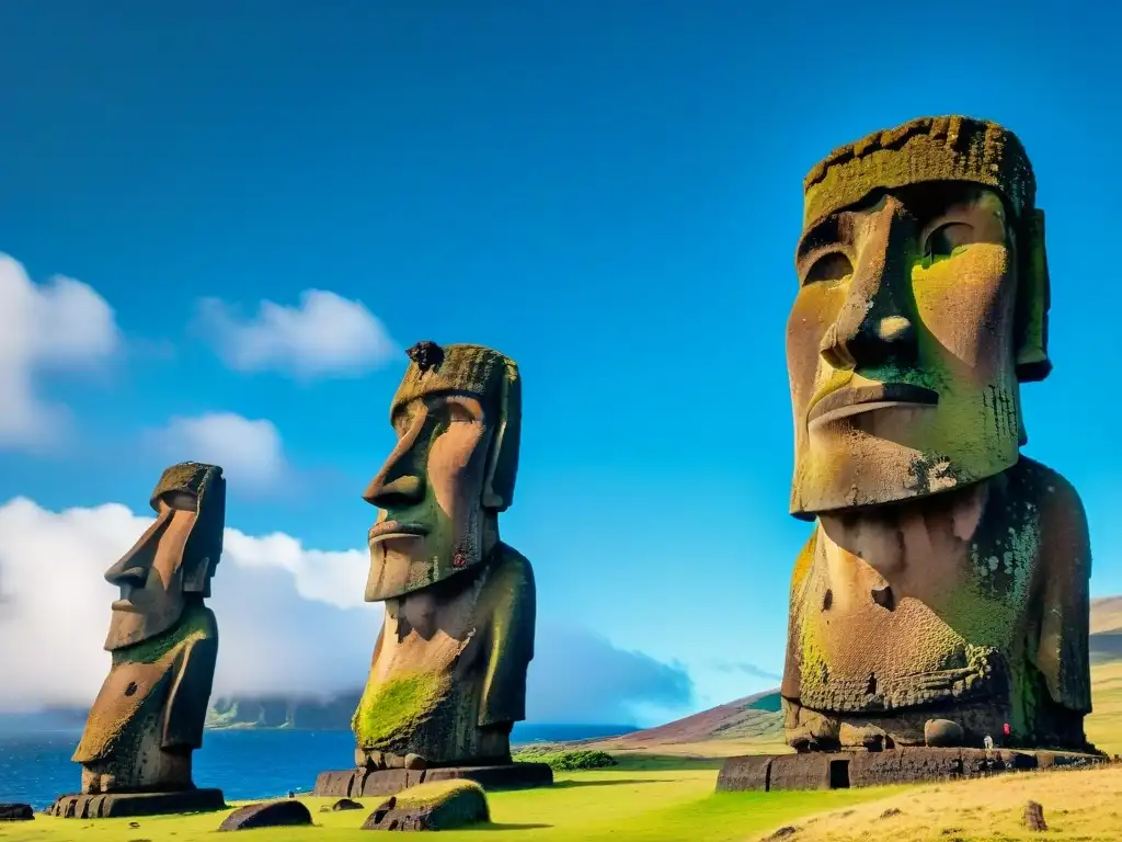 Los enigmáticos gigantes de piedra de la Isla de Pascua, con sus detalles tallados y presencia imponente, bajo el cielo azul