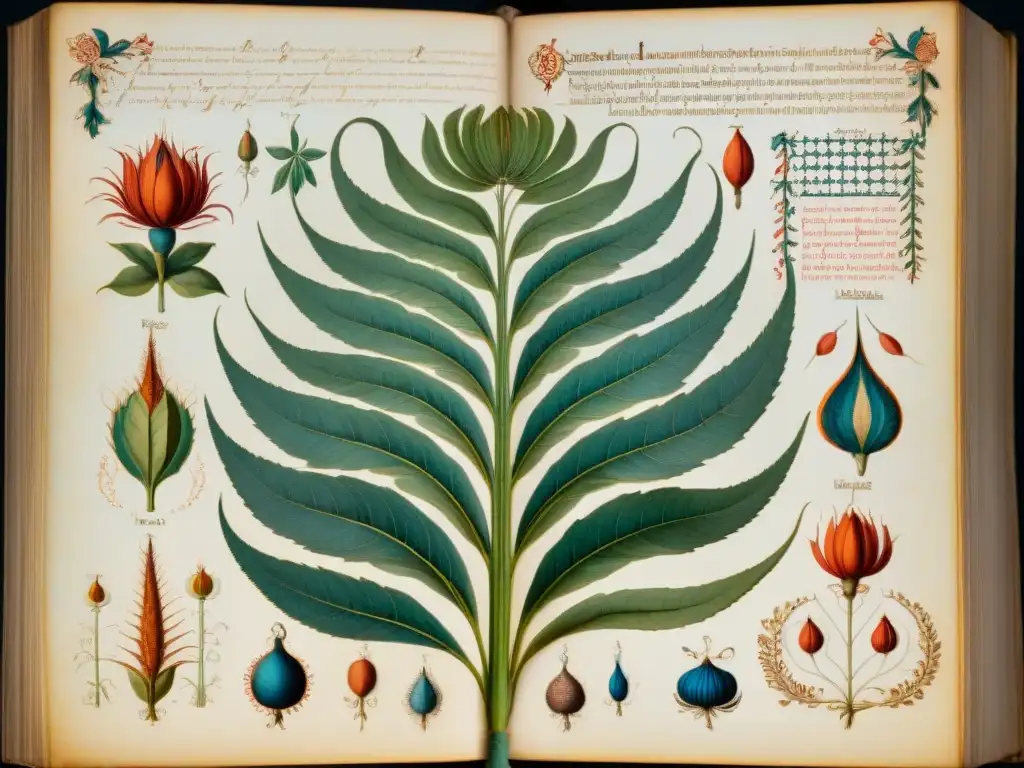 Descubre los enigmáticos secretos del Manuscrito Voynich en esta detallada y misteriosa ilustración de plantas y símbolos desconocidos