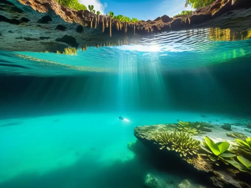 Entrada a un cenote en Yucatán, con aguas turquesa cristalinas rodeadas de raíces de árboles, pasadizos acuáticos