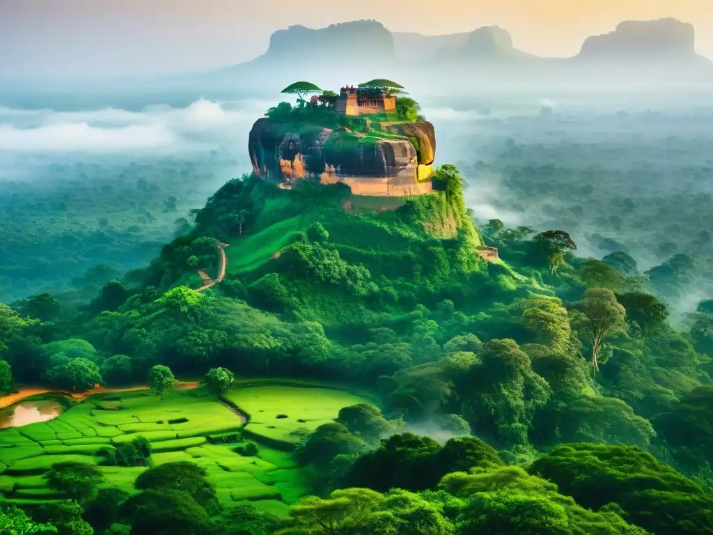 Entrada majestuosa del Palacio en las nubes Sigiriya al amanecer, rodeada de frescos y naturaleza exuberante