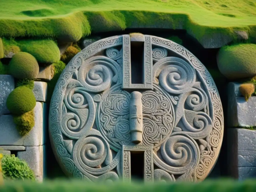 Entrada de piedra del Templo solar antiguo en Irlanda con tallados detallados, bañada en luz matutina con una leve neblina