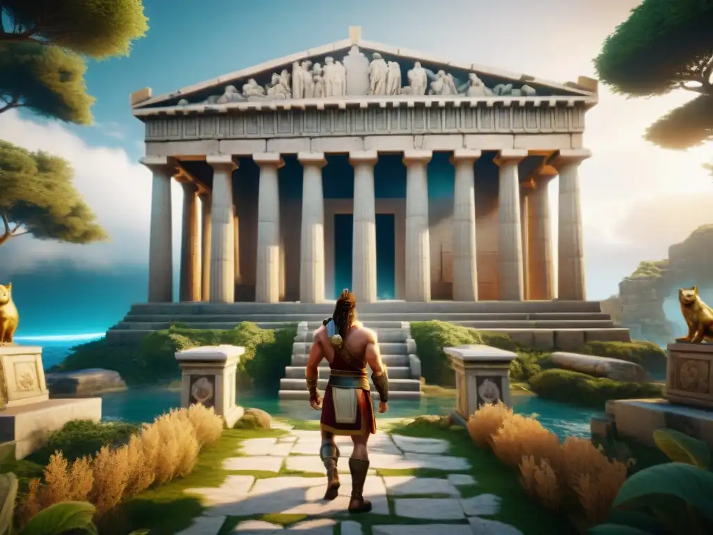 Batalla épica en templo griego: Zeus vs Épica batalla de dioses griegos y criaturas mitológicas en ruinas de templo