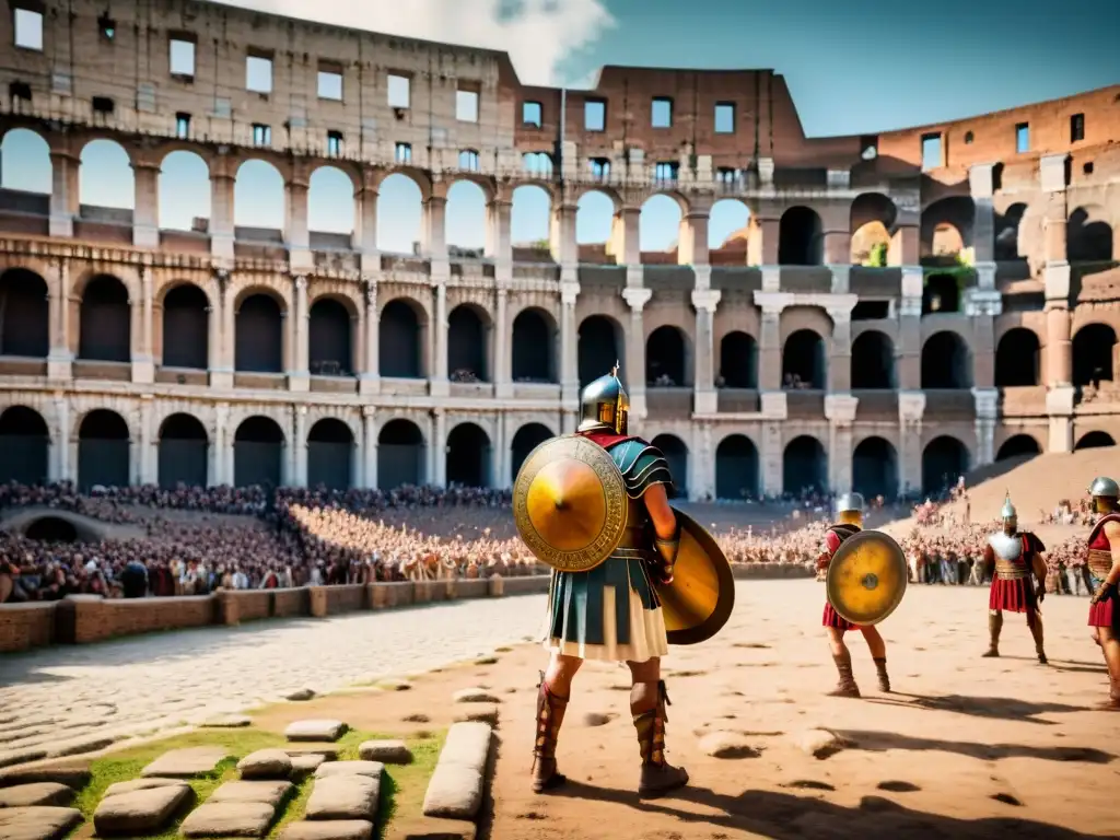 Épica batalla de gladiadores en el Coliseo Romano, rodeados de una multitud vibrante