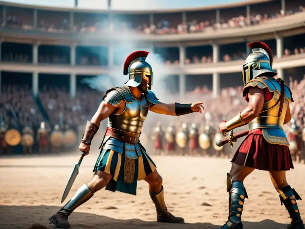 Una épica batalla de gladiadores en un escenario moderno, fusionando la cultura pop con la historia antigua