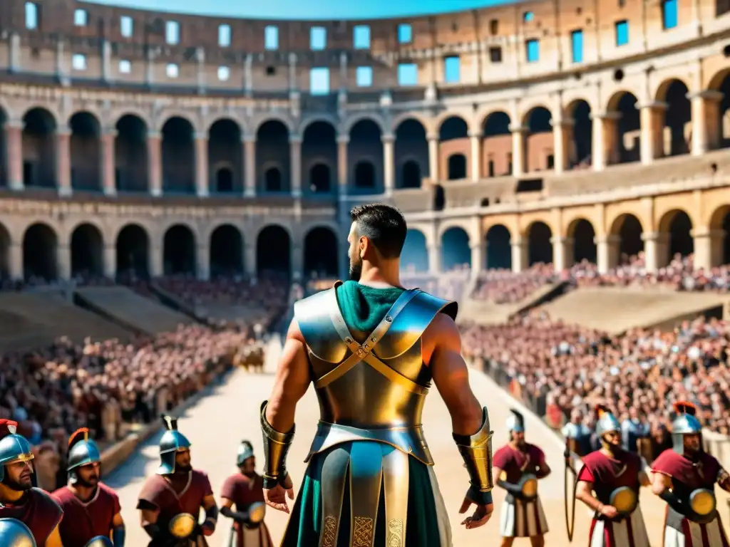 Épica escena de gladiadores en el Coliseo romano, con armaduras y espadas, ante una multitud emocionada