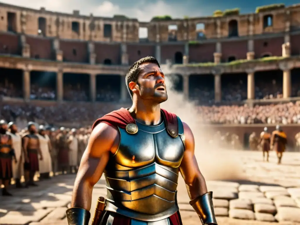 Épica escena de gladiadores en el Coliseo, con Maximus victorioso y una multitud emocionada