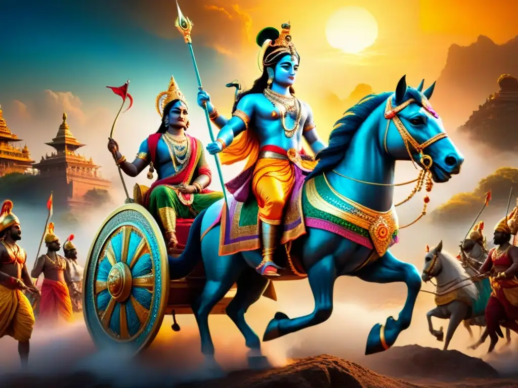 Épica representación de Lord Krishna guiando a Arjuna en el Viaje del héroe civilizaciones antiguas