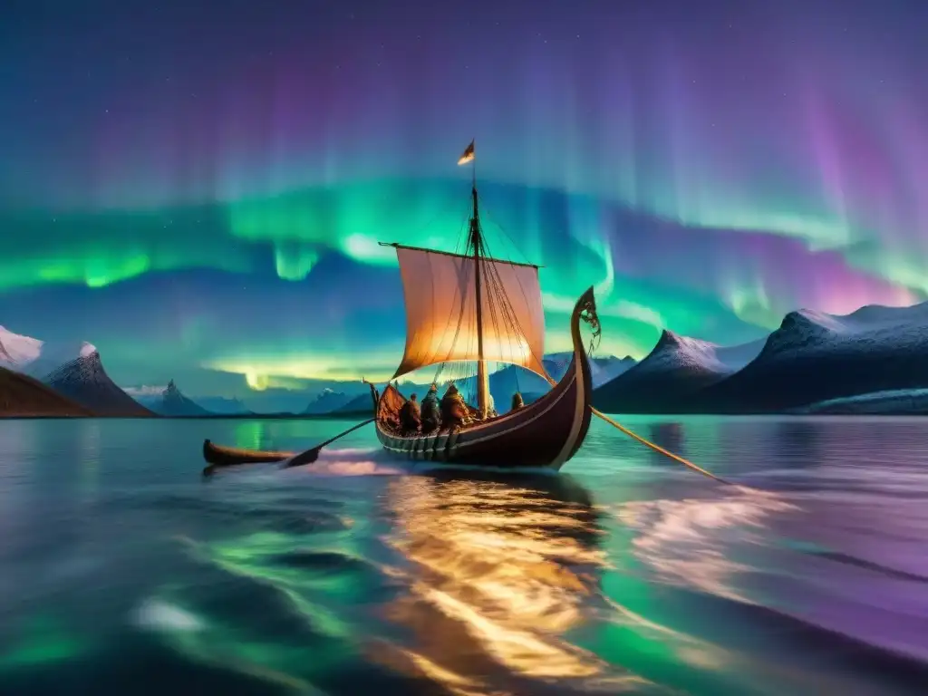 Una épica nave vikinga bajo auroras boreales, tripulada por guerreros y con figura de dragón en proa