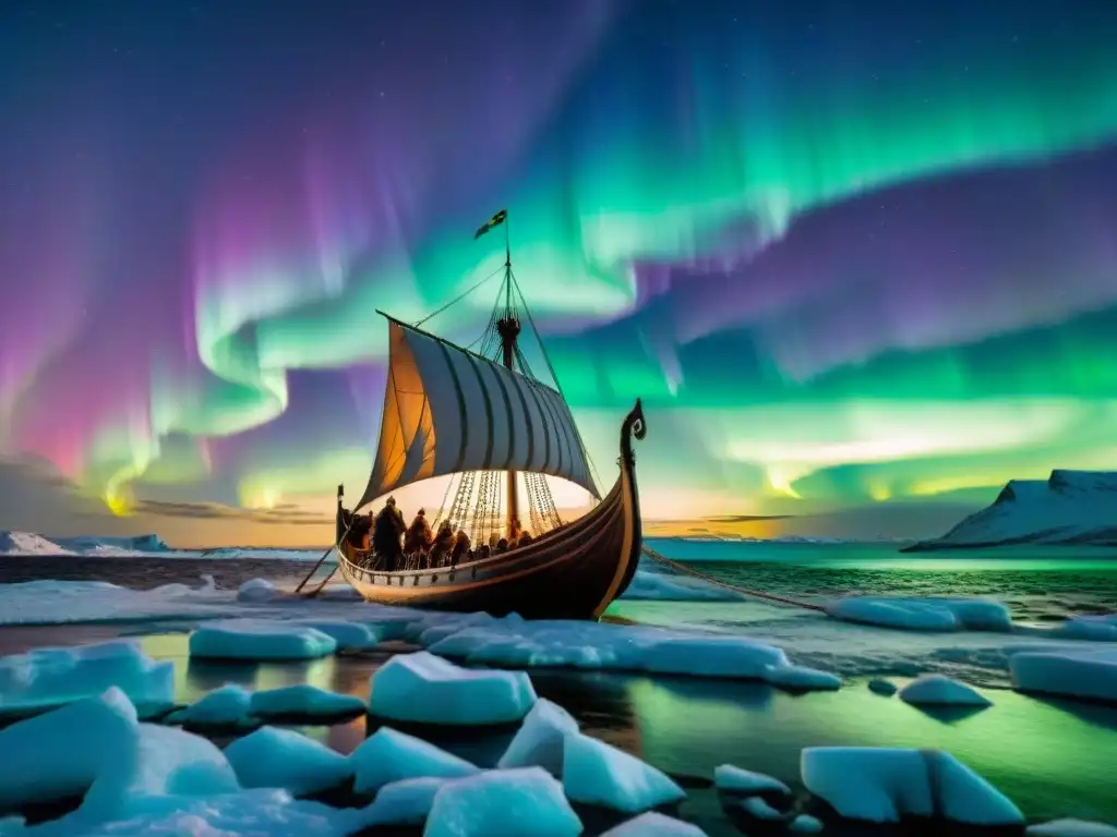 Una épica nave vikinga surca el gélido mar bajo la aurora boreal, mostrando el legado exploración vikingos antiguos