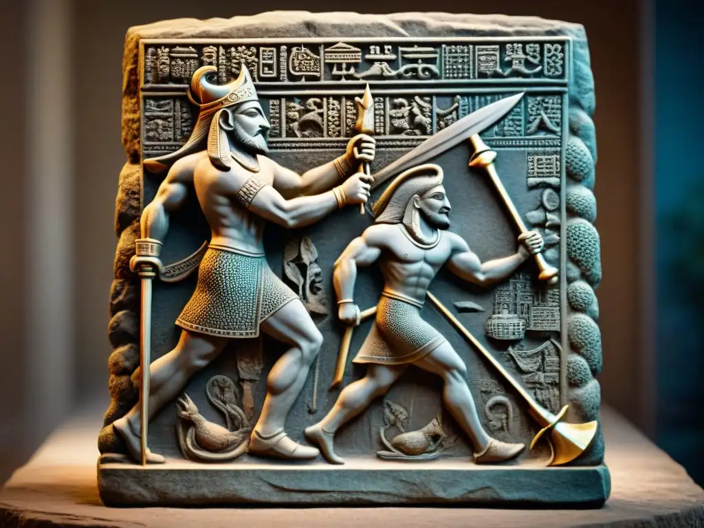 Épica representación en piedra del héroe inmortal Gilgamesh luchando contra Humbaba