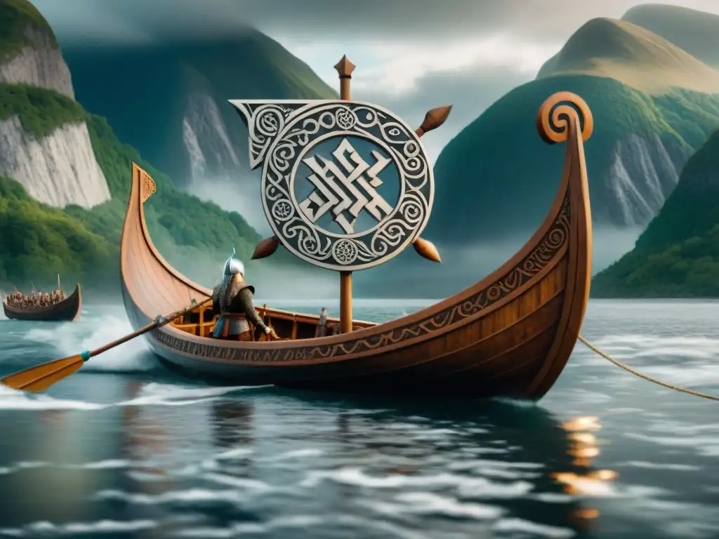 Una épica ilustración de un drakkar vikingo surcando mares turbulentos bajo un cielo lleno de símbolos rúnicos, capturando el significado y origen de las runas en la historia nórdica