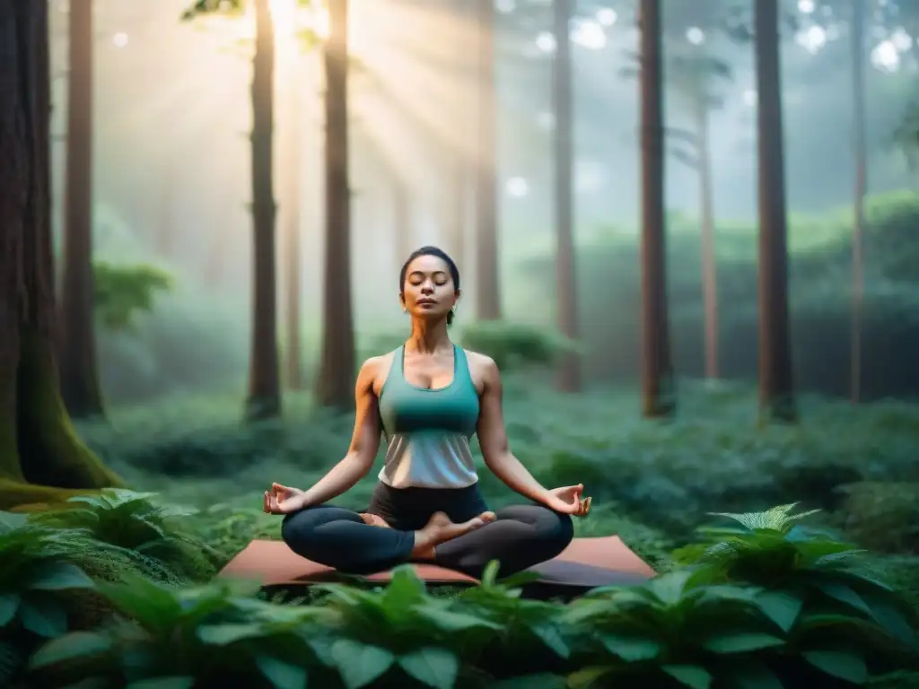 Yogini en equilibrio, rodeada de árboles verdes, refleja la importancia de practicar yoga en espacios naturales