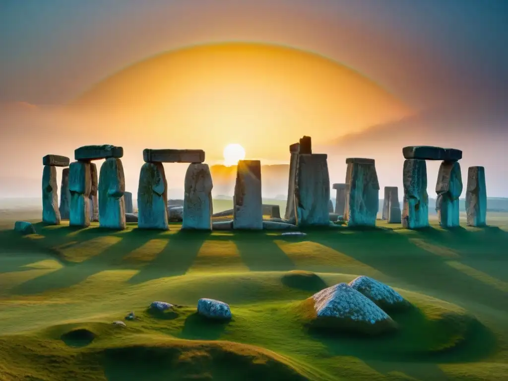 Stonehenge al amanecer durante el equinoccio, bañado en luz dorada con cielo vibrante