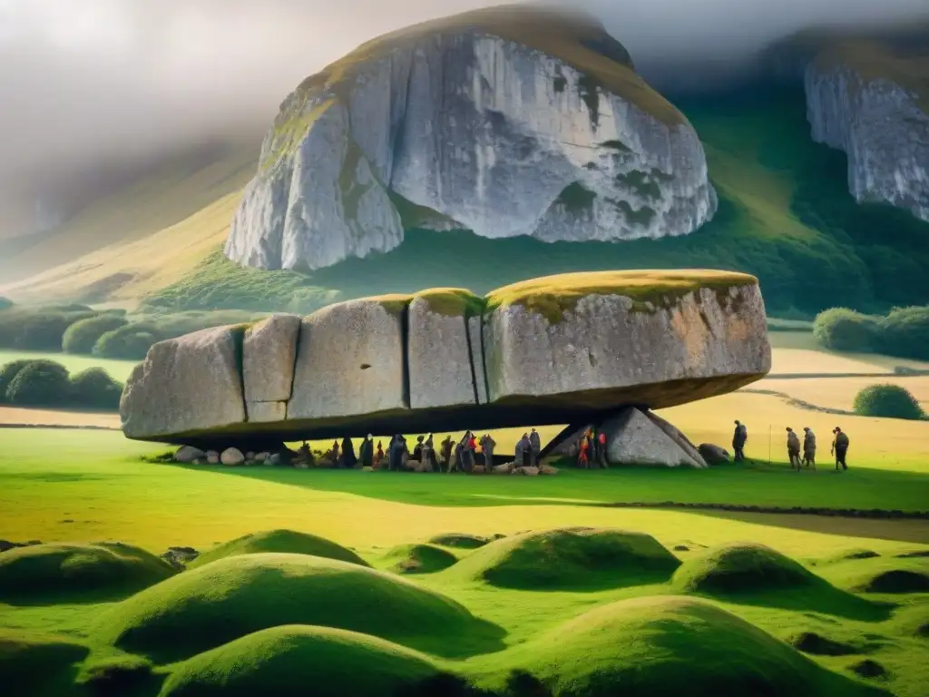 Un equipo de antiguos trabajadores moviendo un megalito en un paisaje prehistórico