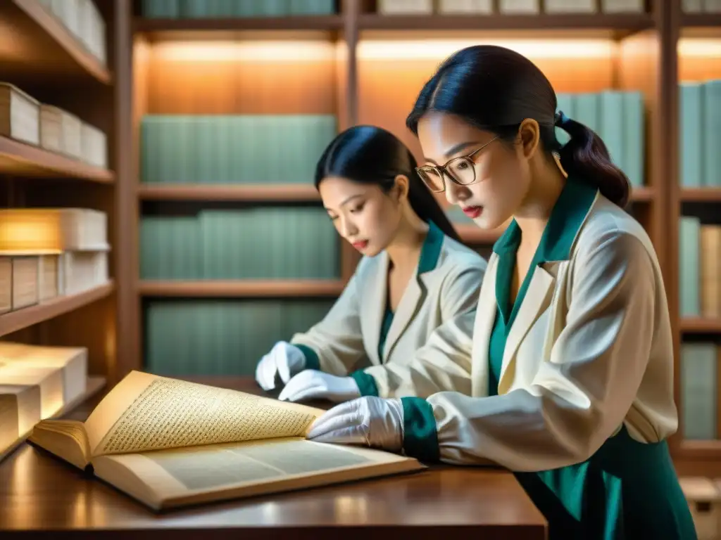 Equipo de archivistas conservando documentos históricos en era digital, escaneando manuscritos antiguos en una sala tenue y controlada