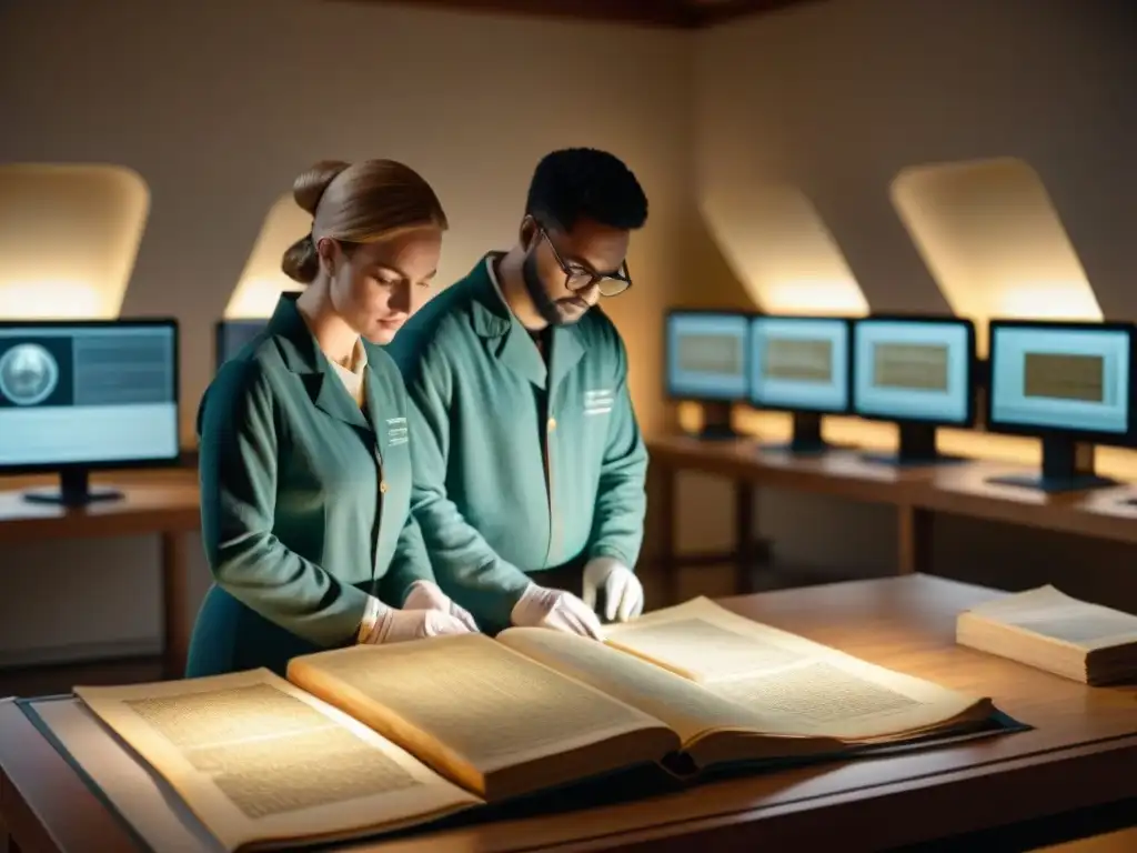 Equipo de archivistas digitalizando manuscritos antiguos en una sala tenue, resaltando la conservación documentos históricos era digital