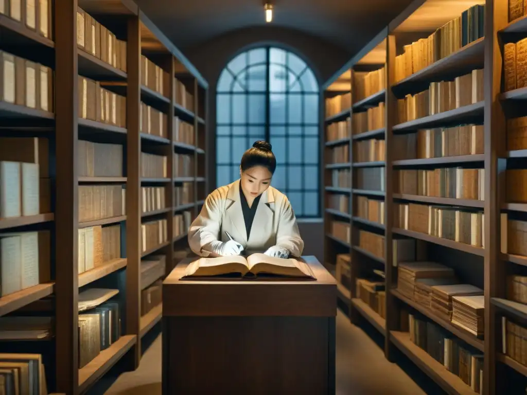 Equipo de archivistas digitalizando manuscritos antiguos en una sala atmosférica