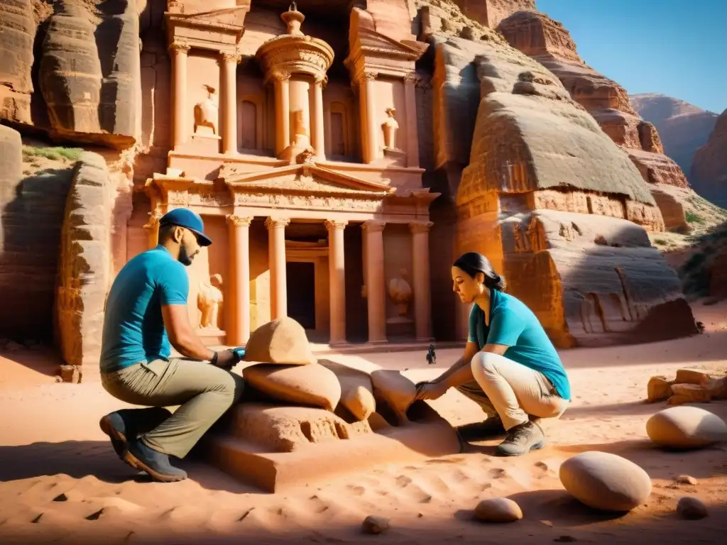 Equipo de arqueólogos restaurando el alma de Petra entre paisaje desértico impresionante