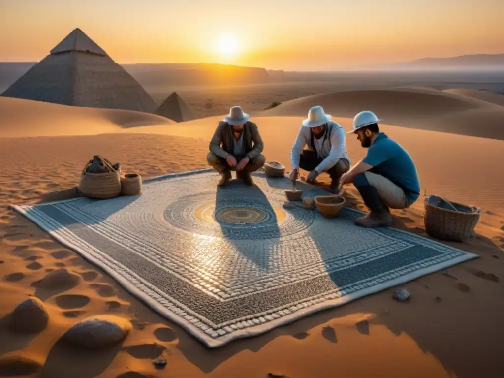 Equipo de arqueólogos preservando una antigua mosaico en el desierto al atardecer