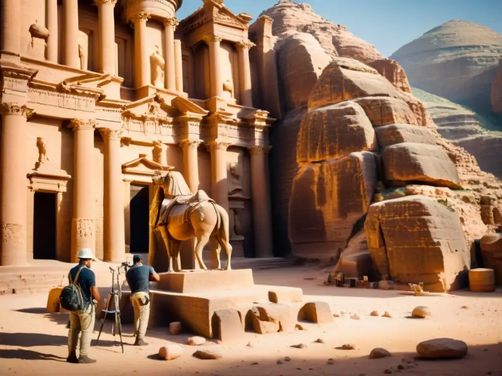 Equipo de arqueólogos restaurando antigüas esculturas en Petra, Jordania, bajo el sol ardiente