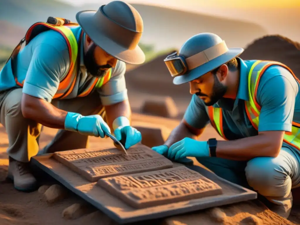 Un equipo de arqueólogos excavando antiguas tablillas de arcilla al atardecer