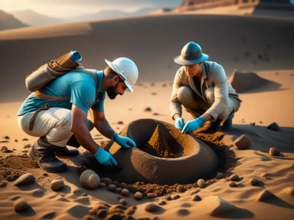 Equipo de arqueólogos excavando artefacto antiguo con cuidado en sitio arqueológico