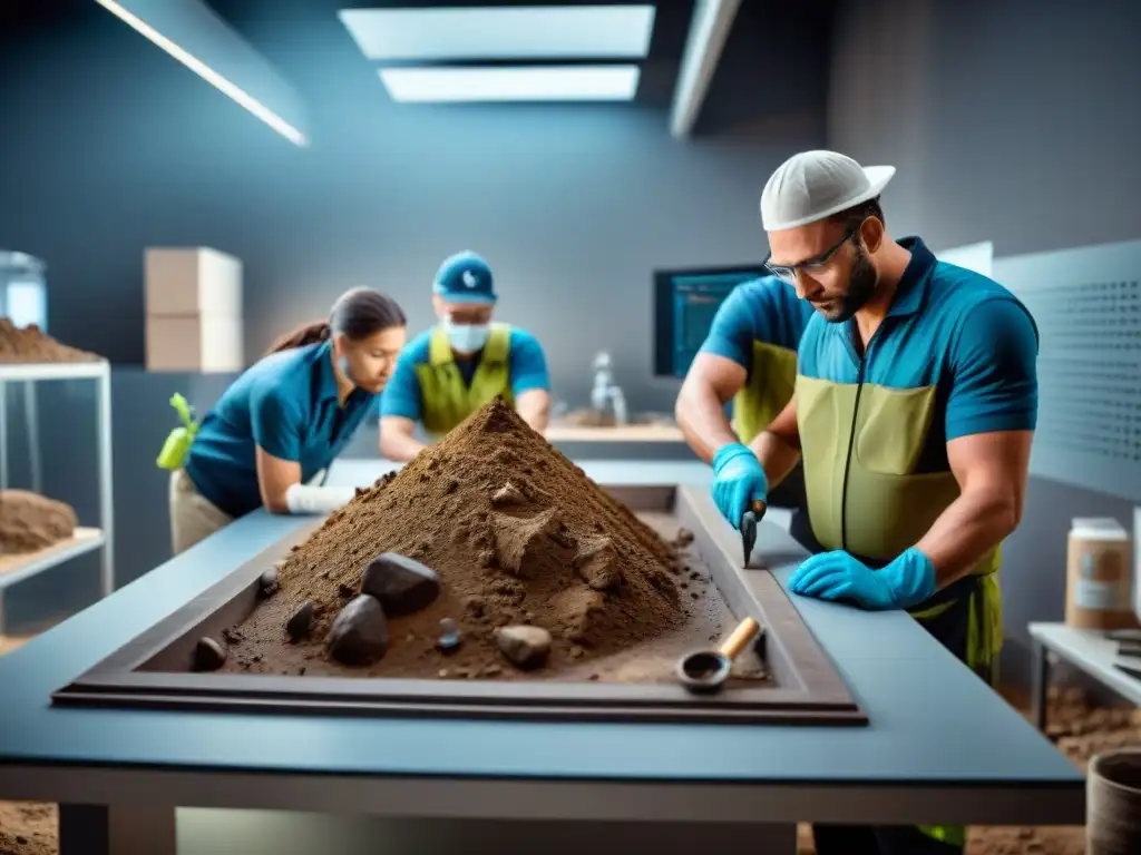 Equipo de arqueólogos excavando artefacto antiguo con técnicas de conservación arqueología antigua