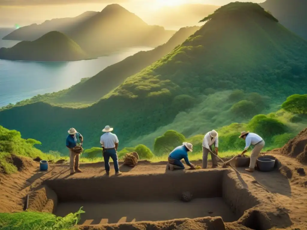 Equipo de arqueólogos desenterrando un artefacto en un sitio mesoamericano al atardecer