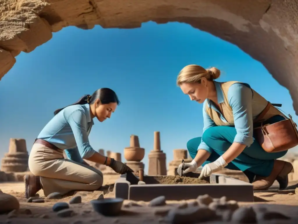 Equipo de arqueólogos restaurando artefactos antiguos en un sitio arqueológico sagrado al amanecer