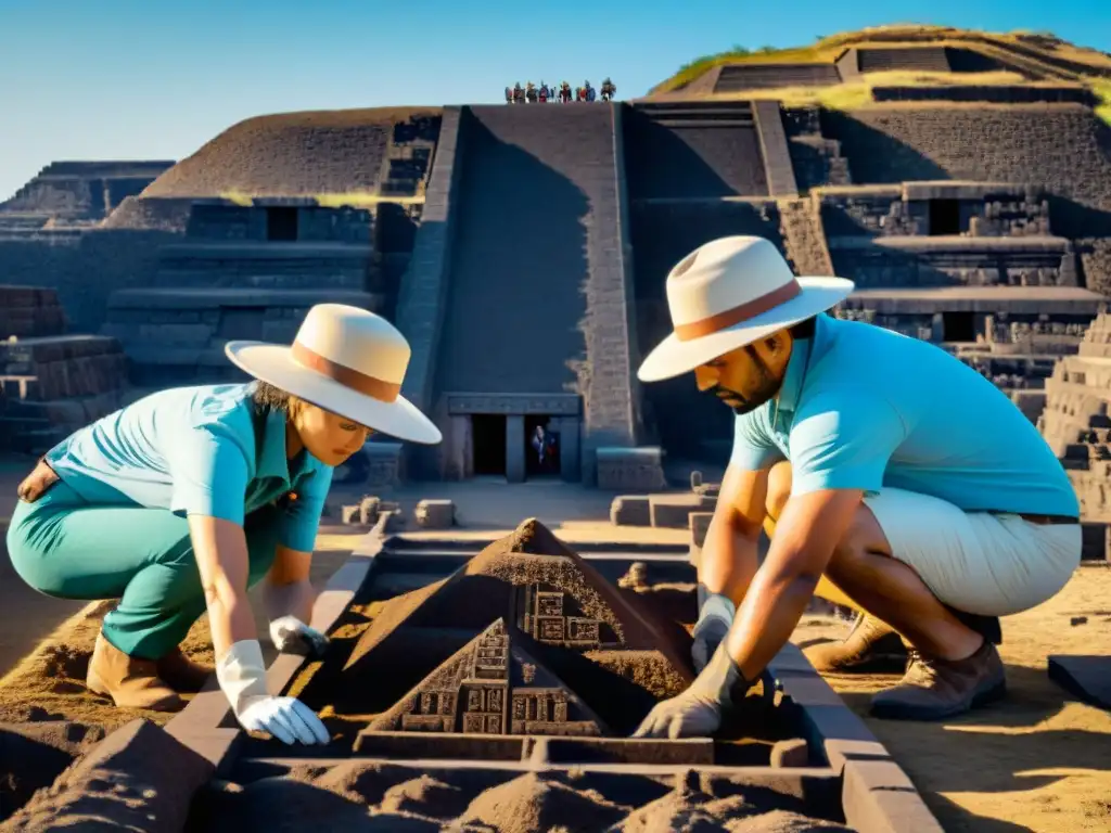 Equipo de arqueólogos excavando artefactos antiguos en Teotihuacán