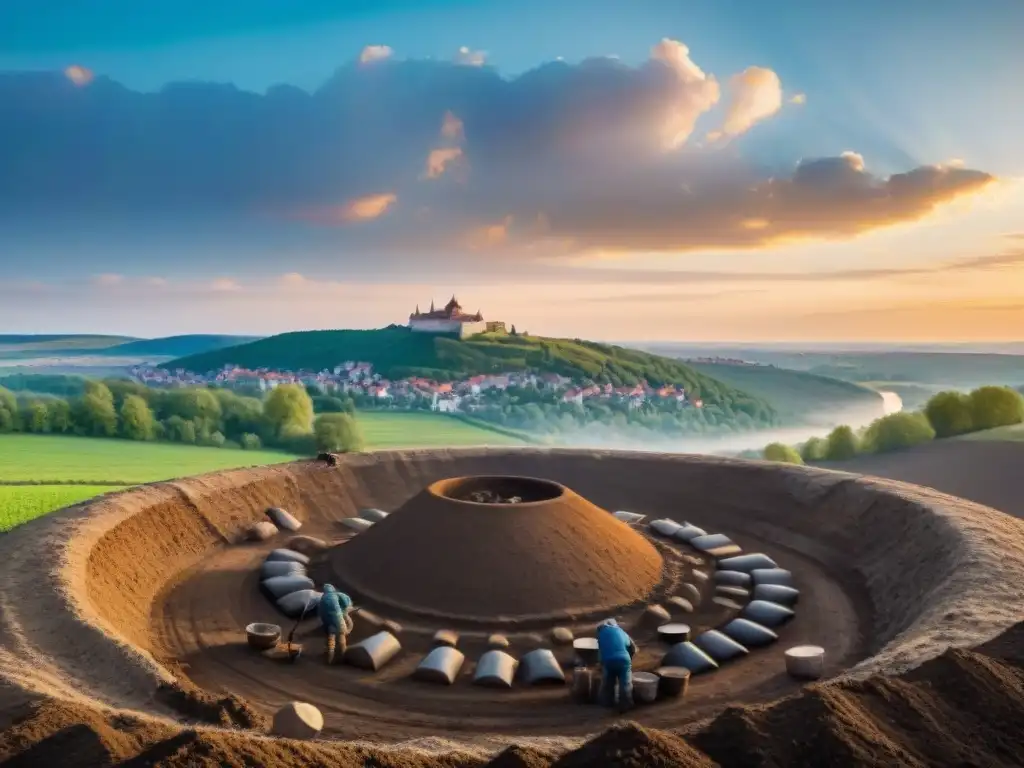 Equipo de arqueólogos descubriendo artefactos antiguos en un yacimiento de Europa del Este al atardecer, revelando los orígenes misteriosos eslavos