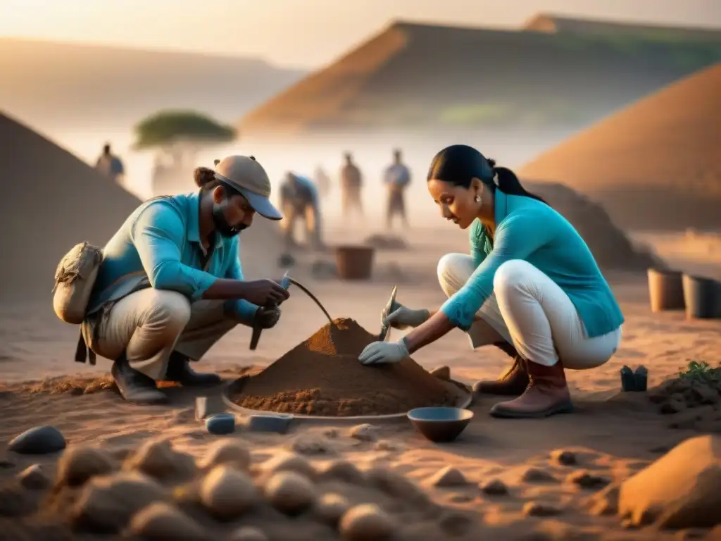 Equipo de arqueólogos excava artefactos antiguos al atardecer, mostrando la conservación de civilizaciones antiguas