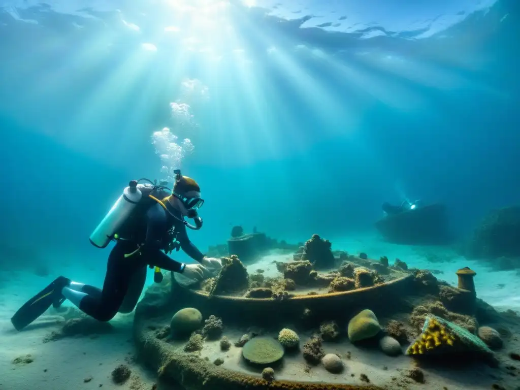 Equipo de arqueólogos descubriendo artefactos antiguos en un naufragio bajo el mar