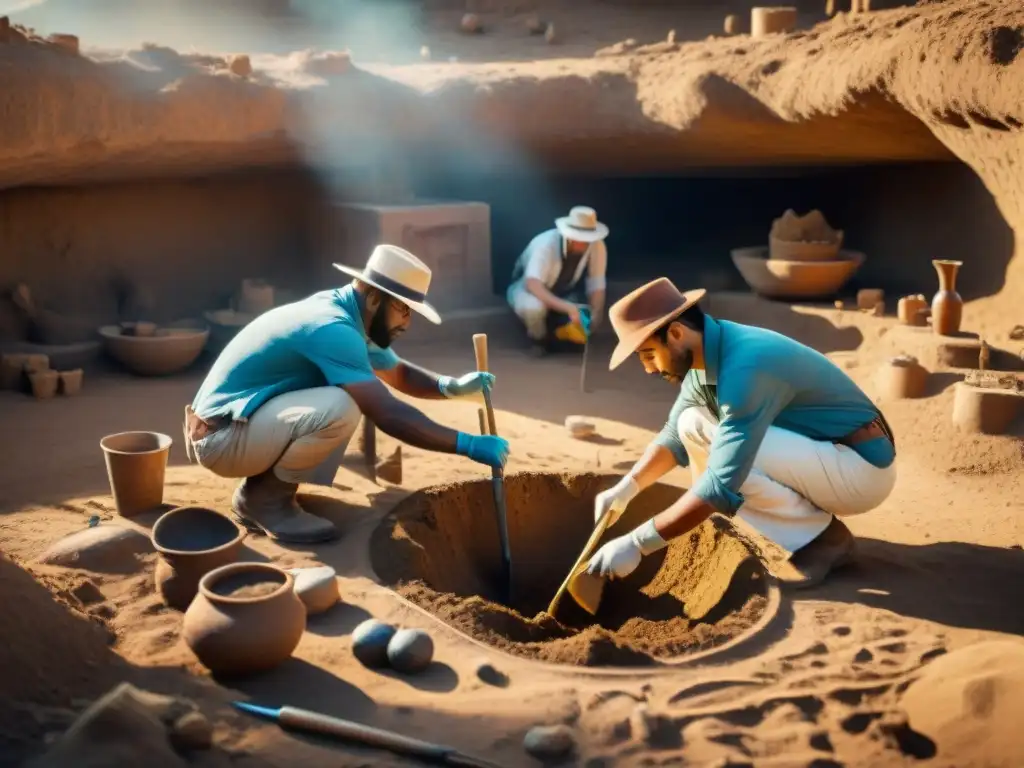 Equipo de arqueólogos excavando artefactos antiguos en sitio histórico