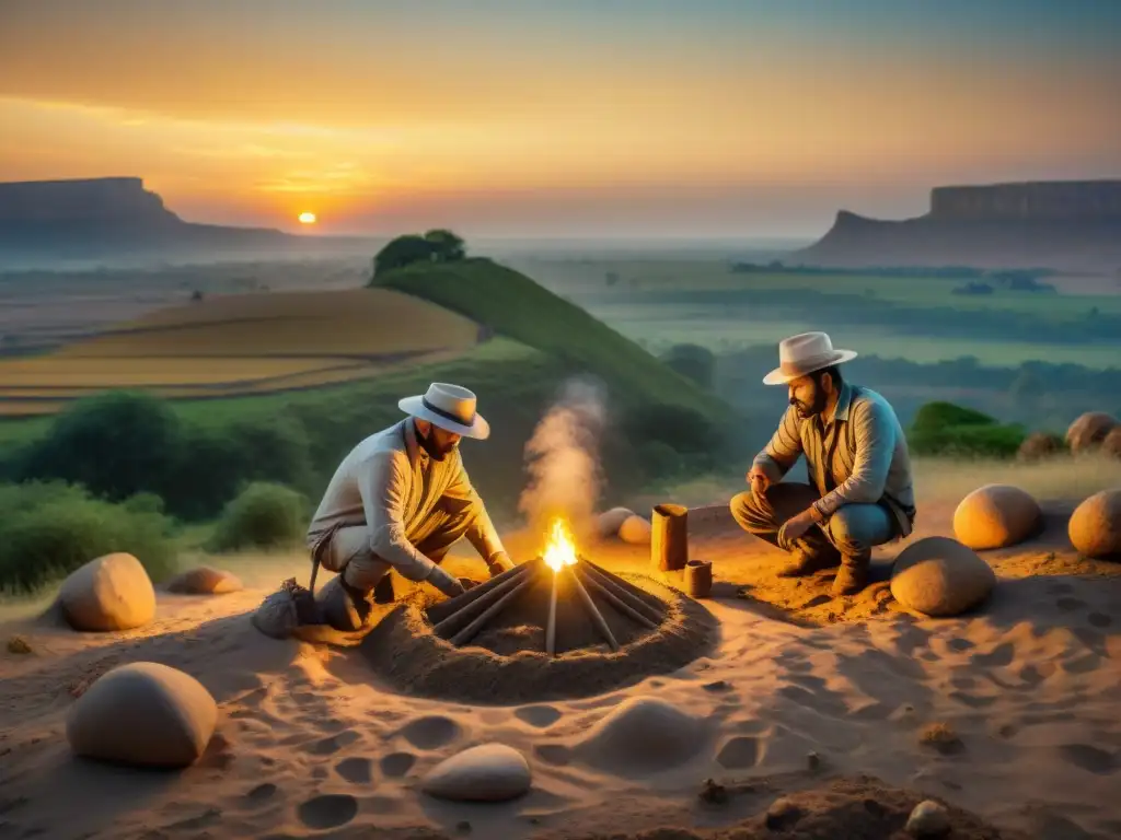 Un equipo de arqueólogos descubre cuidadosamente artefactos antiguos en un yacimiento, con un atardecer impresionante de fondo