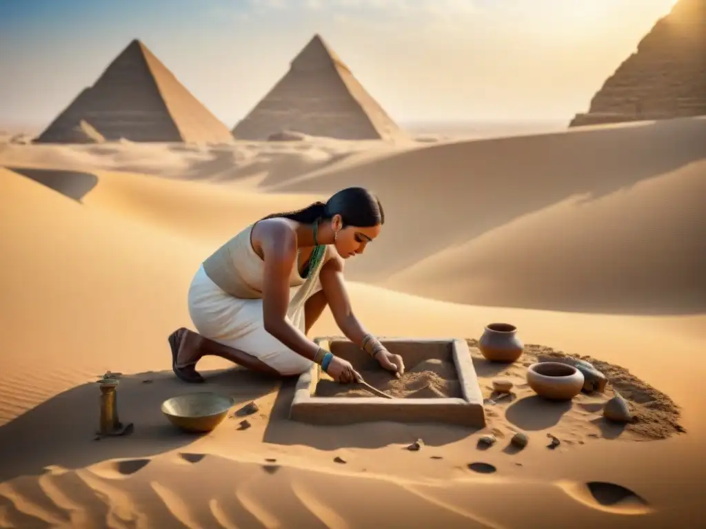Equipo de arqueólogos desenterrando artefactos egipcios en el ardiente desierto, revelando la antigua economía
