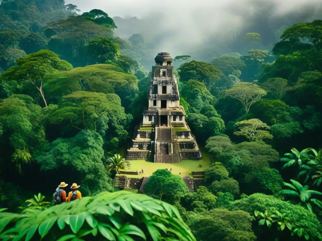 Equipo de arqueólogos descubriendo artefactos mayas en la selva de Tikal