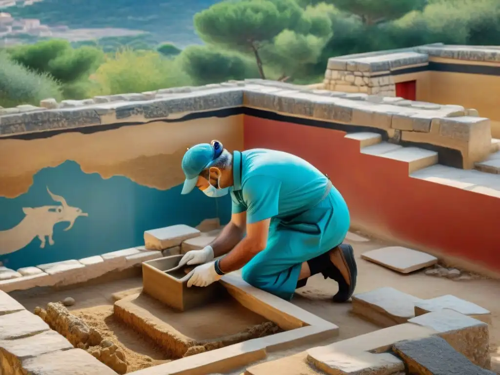 Equipo de arqueólogos desenterrando artefactos de la civilización minoica en Knossos