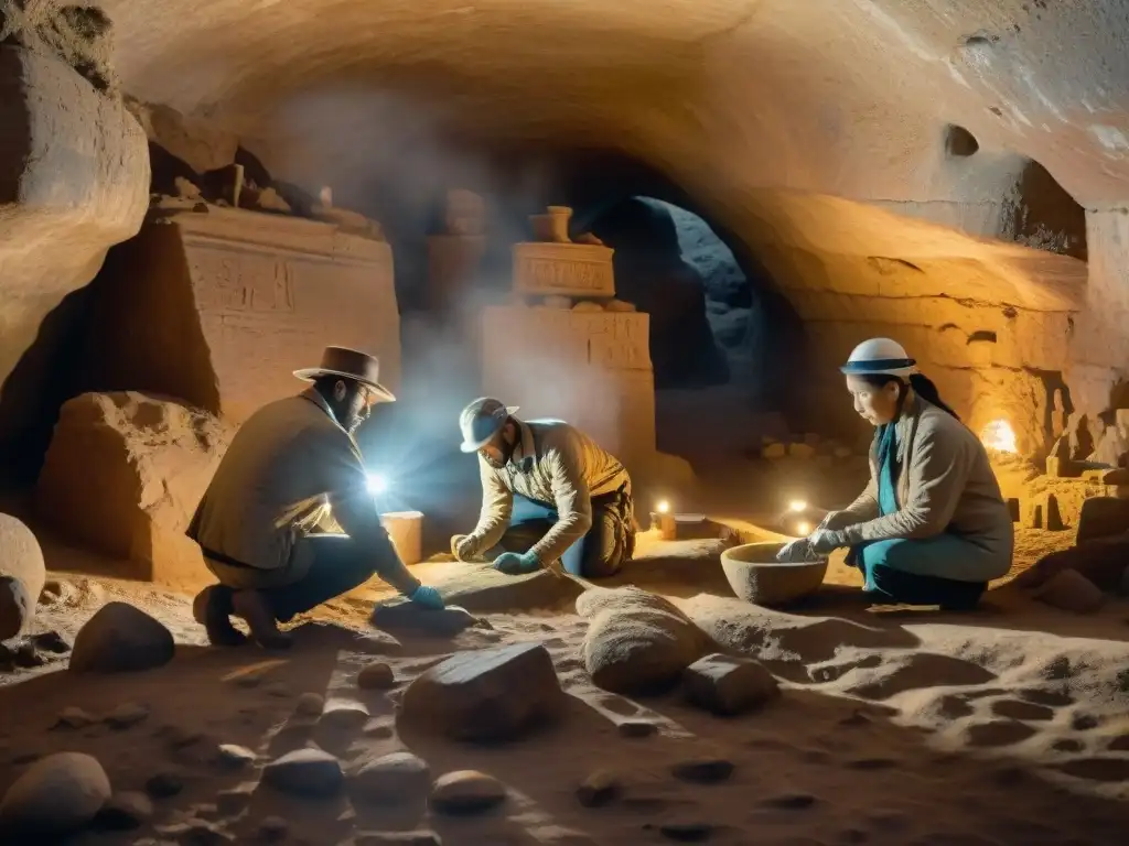 Equipo de arqueólogos restaurando artefactos sagrados en excavación atmosférica