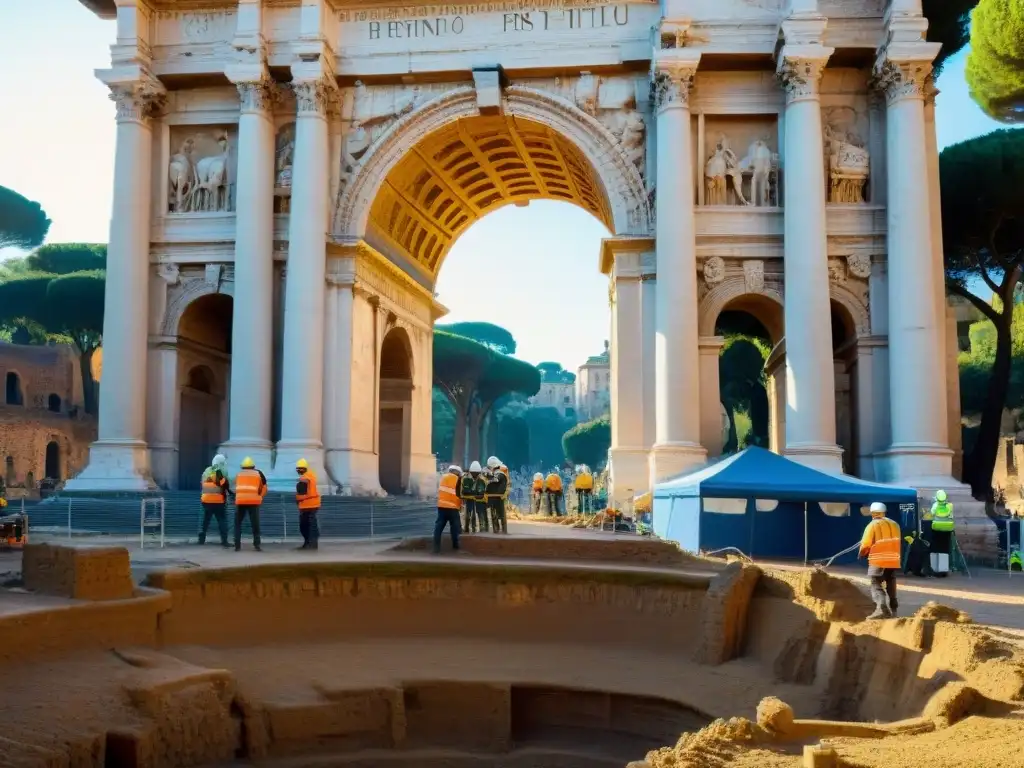 Equipo de arqueólogos excavando meticulosamente en la base del Arco de Tito en Roma, revelando inscripciones antiguas