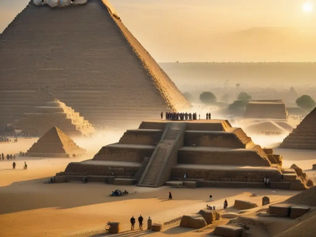 Equipo de arqueólogos excavando la base de la Gran Pirámide de Giza al atardecer