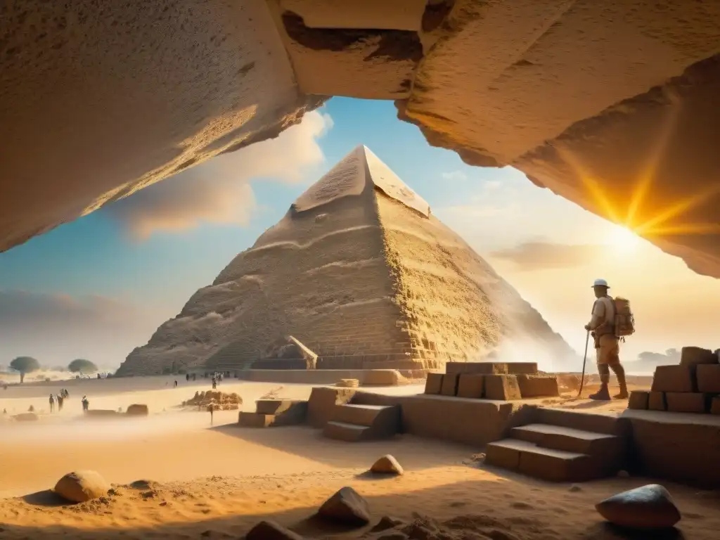 Equipo de arqueólogos excavando la base de la Gran Pirámide de Giza al atardecer, revelando misterios en Egipto